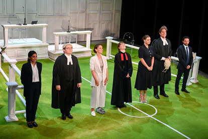 Sharan Phull, Jonathan Broadbent, Laura Dos Santos, Charlotte Randle, Lucy May Barker, Tom Turner and Nathan McMullen onstage during the curtain call at the press night performance of &quot;Vardy V Rooney: The Wagatha Christie Trial&quot;