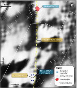 Aeromagnetic image showing the main mineralized trend and completed drill hole collars at the FLC3 prospect