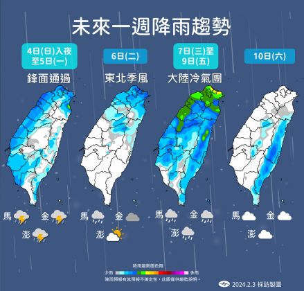 下週三至下週五全台皆可能呈現濕冷天氣型態。（圖／氣象署提供）