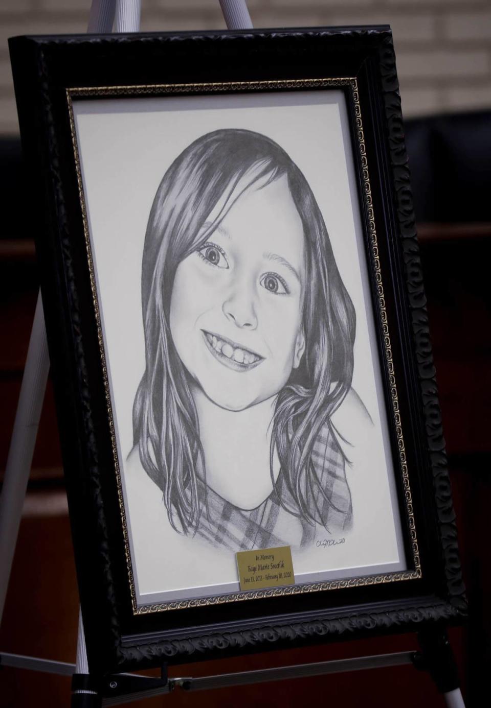 An employee of Cayce Department of Public Safety drew a portrait of 6-year-old Faye Swetlik. The portrait hangs in Director Brian Sterling’s office. Swetlik was abducted from her yard in Cayce in February, 2020.