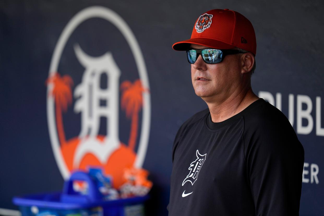 Detroit Tigers manager A.J. Hinch stands in the dugout before a spring training baseball game against the Pittsburgh Pirates Saturday, March 2, 2024, in Lakeland, Florida.