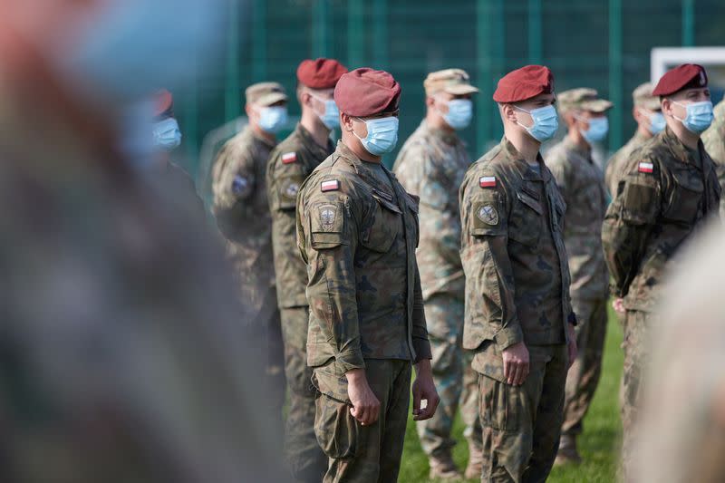 Polish Army servicemen attend the opening of the Rapid Trident – 2020 international military exercises in Lviv Region