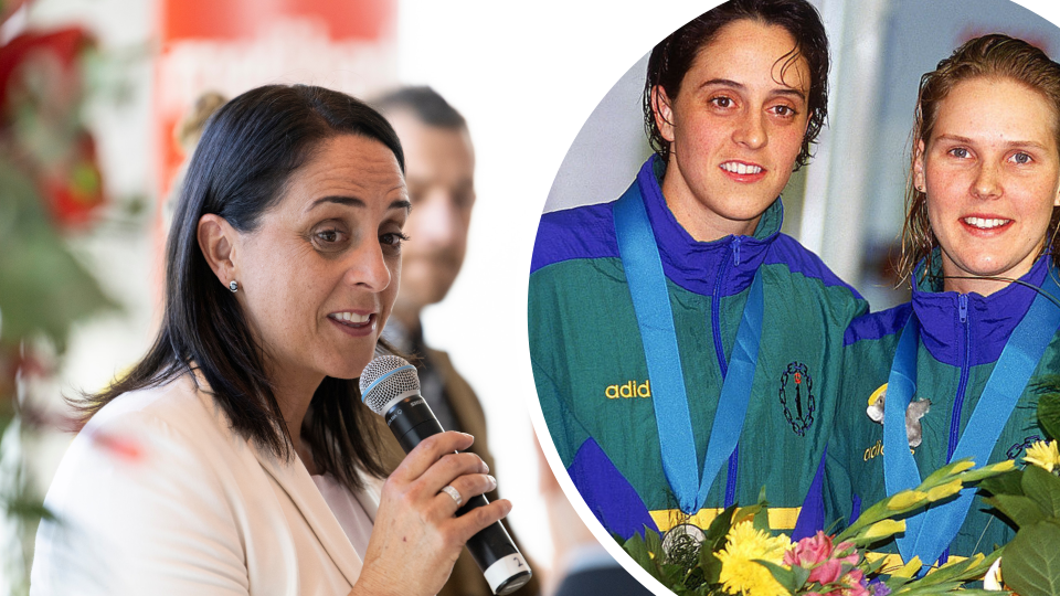 Nicole Livingstone knows what it takes to succeed at work. Pictured at Medibank Sydney event, and with with gold medallist Susie O'Neill after winning silver in the Womens 200m Freestyle during the 1994 Commonwealth Games held in Victoria, Canada. Images: Getty, Medibank