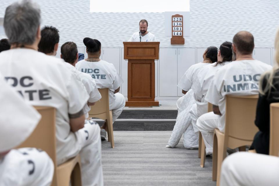 Justin Elswood speaks at the Utah State Correctional Facility sacrament service at The Church of Jesus Christ of Latter-day Saints’ prison ministry in Salt Lake City on Sunday, Jan. 28, 2024. | Marielle Scott, Deseret News