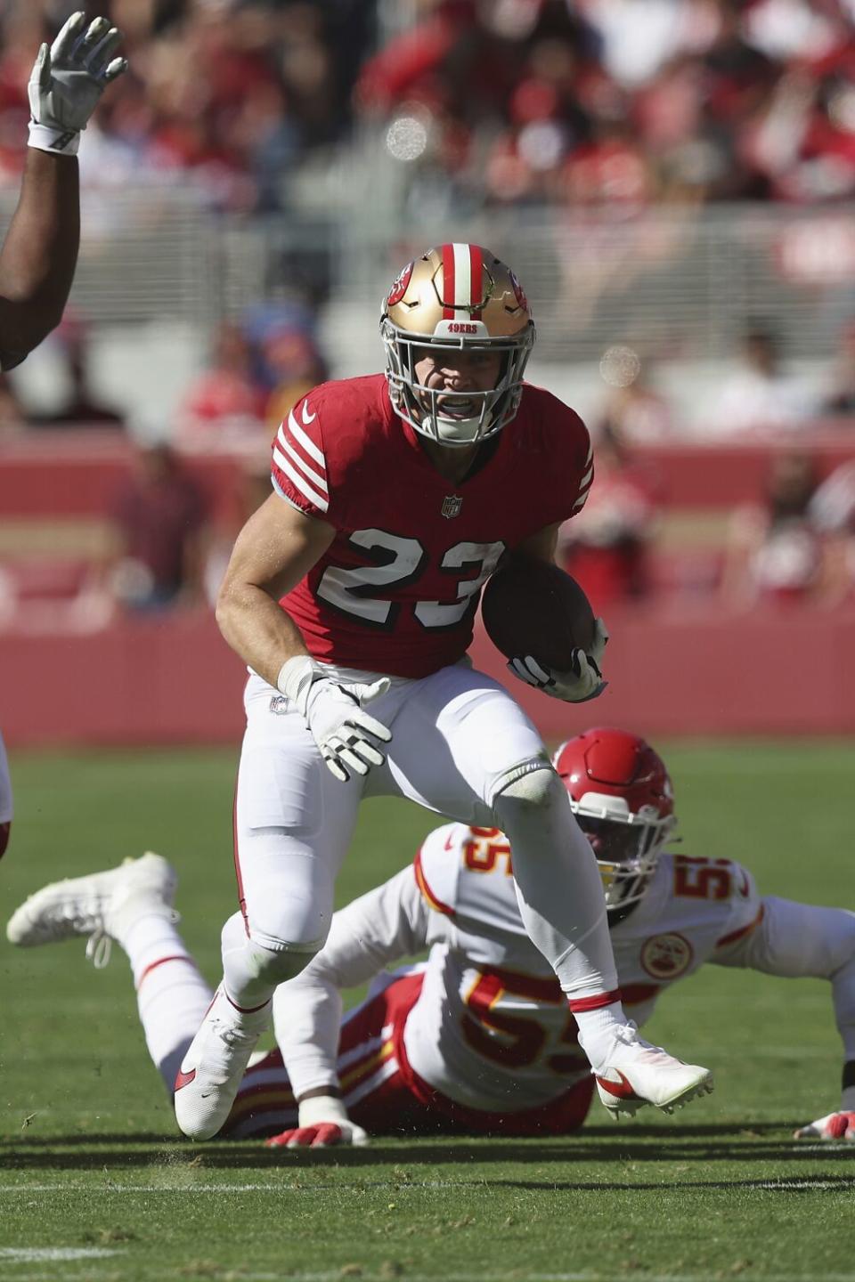 San Francisco 49ers running back Christian McCaffrey (23) runs against the Kansas City Chiefs.