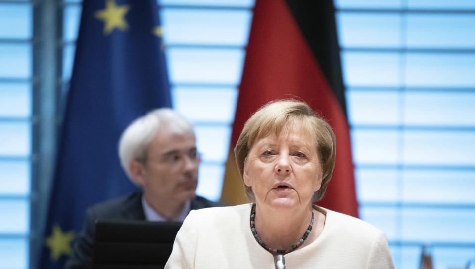 German Chancellor Angela Merkel attends the meeting of the Federal Cabinet in the Federal Chancellery in Berlin, Germany, Wednesday, Sept. 23, 2020. (Kay Nietfeld/dpa via AP)