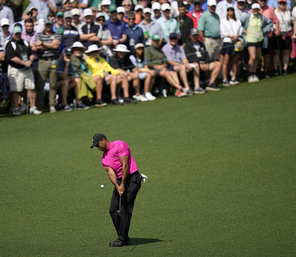 Tiger Woods in FootJoy during Round 1 at The Masters. - Credit: AP Photo/David J. Phillip