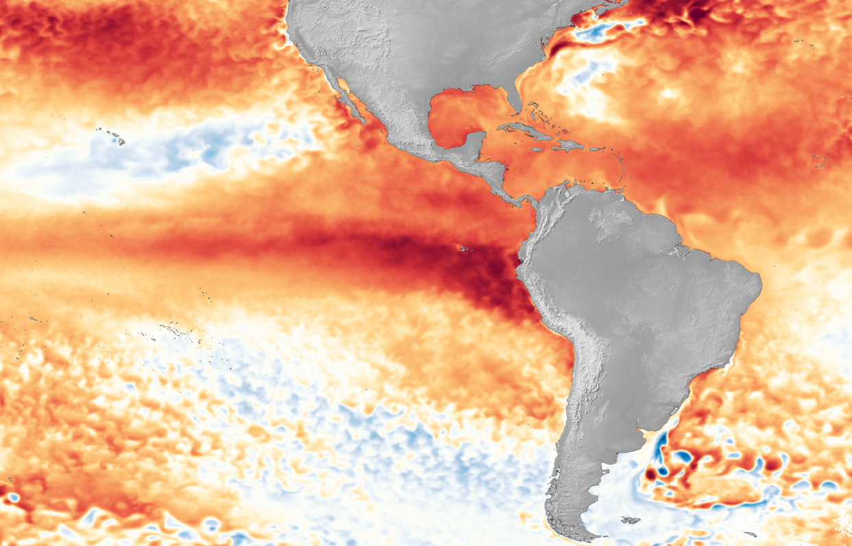 The El Niño pattern stands out in the warm sea surface temperature anomalies in the Pacific in 2023 <a href="https://www.climate.gov/maps-data/data-snapshots/data-source/sst-enso-region-monthly-difference-average" rel="nofollow noopener" target="_blank" data-ylk="slk:NOAA Climate.gov;elm:context_link;itc:0;sec:content-canvas" class="link ">NOAA Climate.gov</a>