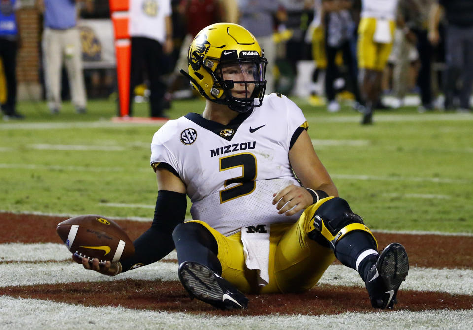 Missouri quarterback Drew Lock (3) sits in the end zone after a sack for a safety during the second half of the team's NCAA college football game against Alabama, Saturday, Oct. 13, 2018, in Tuscaloosa, Ala. Alabama won 39-10. (AP Photo/Butch Dill)