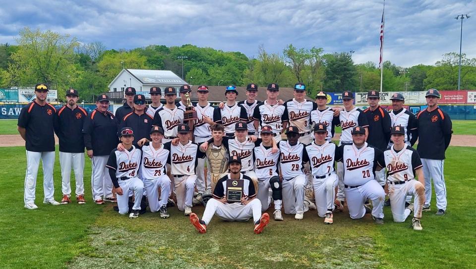 The Marlboro baseball team poses after winning the Mid Hudson Athletic League title at Cantine Veterans Memorial Complex in Saugerties on May 11, 2024.
