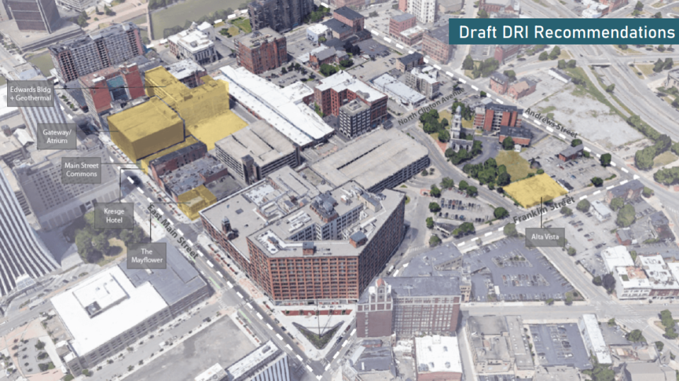 Illustration shows proposed project sites for 2022 Downtown Reviltilazation Initaitve in downtown Rochester.  Gov. Kathy Hochul announced $10 million in funding for five of the projects on December 5, 2022.