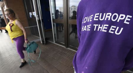 A United Kingdom Independence Party (UKIP) supporter wears an anti-EU t-shirt at the party's annual conference in Bournemouth, Britain, September 16, 2016. REUTERS/Toby Melville