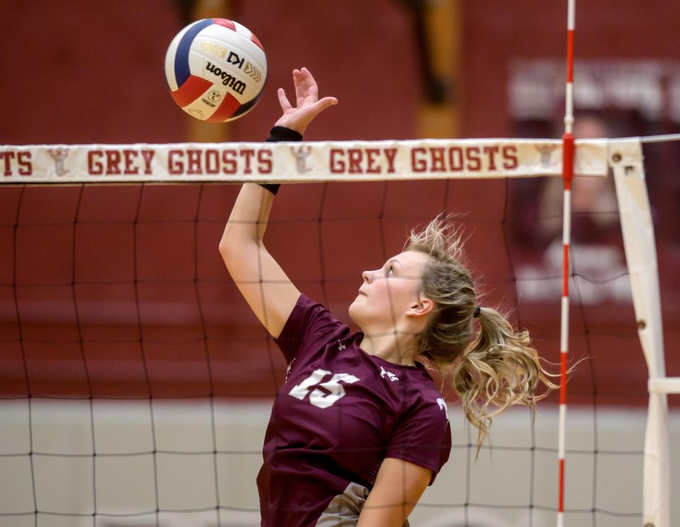 IVC's Sage Geltmaker (15) spikes the ball against Limestone during their match Wednesday, Aug. 31, 2022 in Chillicothe.