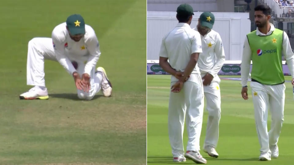 Imam-ul-Haq was forced from the field after a painful blow to the groin. Pic: Fox Sports