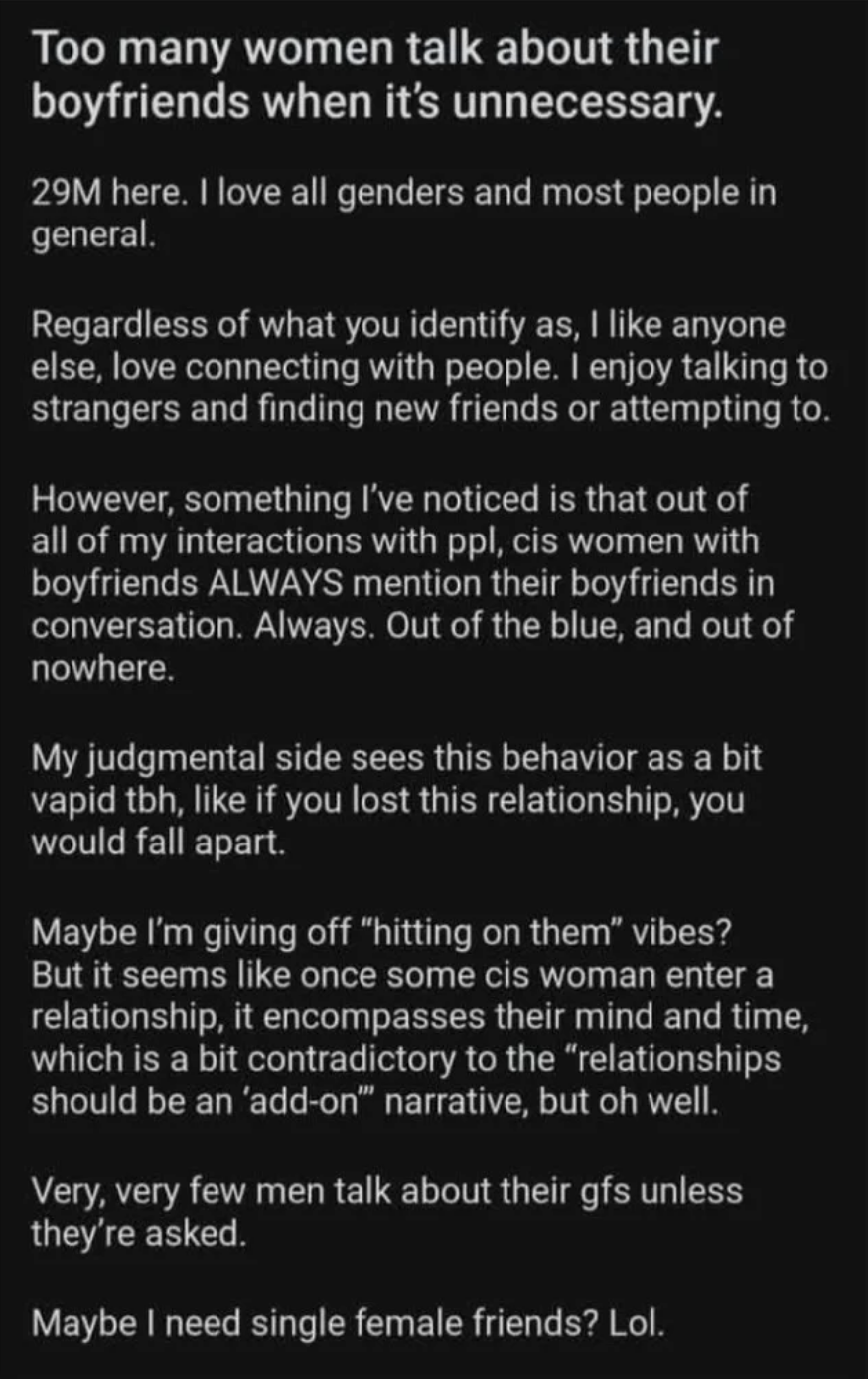 Reddit post of a man saying women shouldn't talk about their boyfriends
