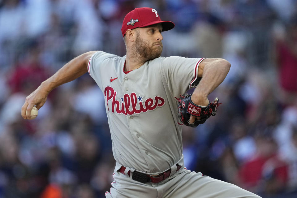 Philadelphia Phillies starting pitcher Zack Wheeler (45) works from the mound in the first inning of Game 2 of a baseball NL Division Series against the Atlanta Braves, Monday, Oct. 9, 2023, in Atlanta. (AP Photo/John Bazemore)