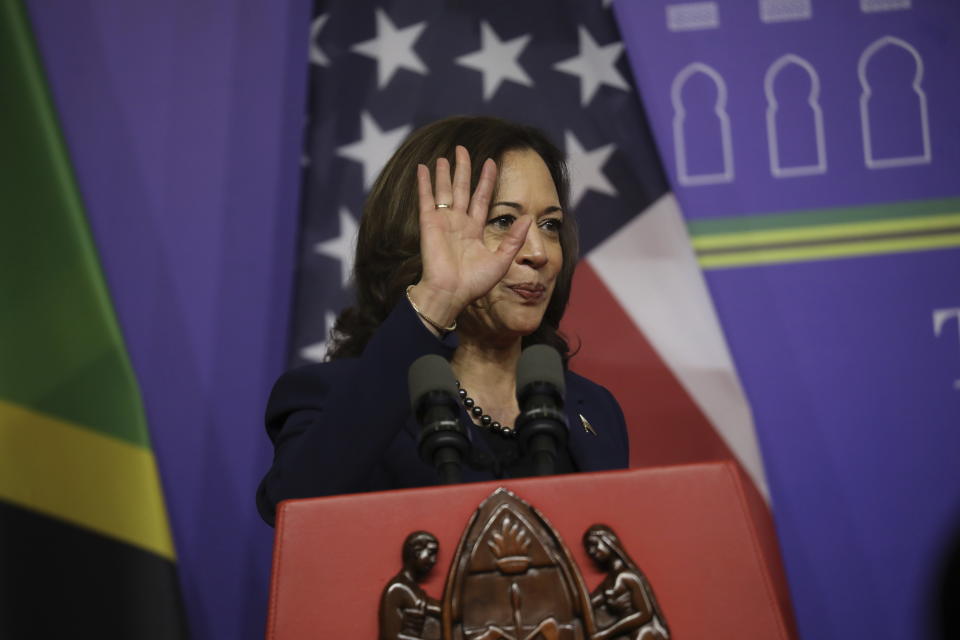 U.S Vice President Kamala Harris gestures as she addresses a news conference following her meetings with Tanzanian President Samia Suluhu Hassan in Dar es Salaam, Tanzania, Thursday, March 30, 2023. (Ericky Boniphace/Pool Photo via AP)