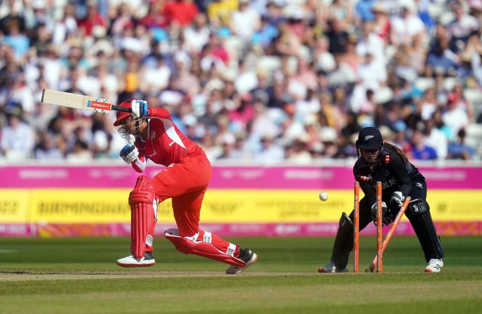 England’s Sophia Dunkley is bowled at Edgbaston Stadium in their bronze medal match with New Zealand (Adam Davy/PA) (PA Wire)