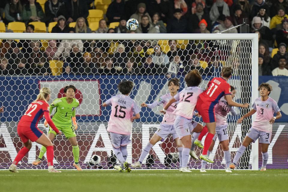 Norway's Guro Reiten scores her side's first goal during the Women's World Cup second round soccer match between Japan and Norway in Wellington, New Zealand, Saturday, Aug. 5, 2023. (AP Photo/Alessandra Tarantino)