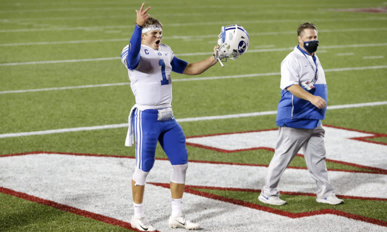 BYU QB Zach Wilson, a top NFL Draft prospect, celebrates after a game.