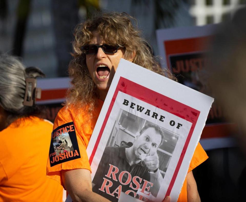 Former Town Commissioner Eliana Salzhauer attends a rally calling for “justice” for her son before a commission meeting on Tuesday, March 12, 2024, at Surfside Town Hall.