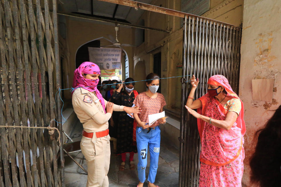 Rajasthan Basic School Training Course (BSTC) students at centre before appear for the exams amid the ongoing coronavirus pandemic, in Jaipur, Rajasthan, India, on August 31, 2020. (Photo by Vishal Bhatnagar/NurPhoto via Getty Images)