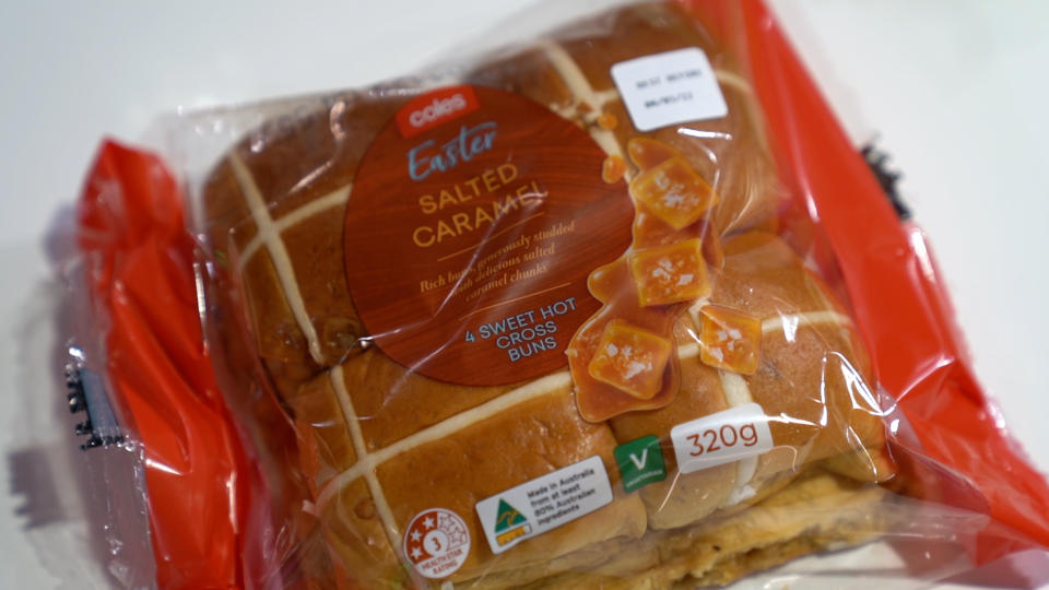 Salted caramel hot cross buns from Coles. 