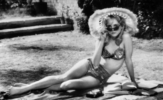 The former model played the bold young seductress in the Stanley Kubrick film wearing a high-waisted swimsuit and cat-eye glasses.