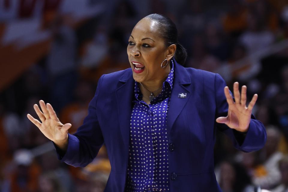 Buffalo head coach Felisha Legette-Jack reacts to a call during the first half of a college basketball game against Tennessee in the first round of an NCAA college basketball tournament, Saturday, March 19, 2022, in Knoxville, Tenn. (AP Photo/Wade Payne)