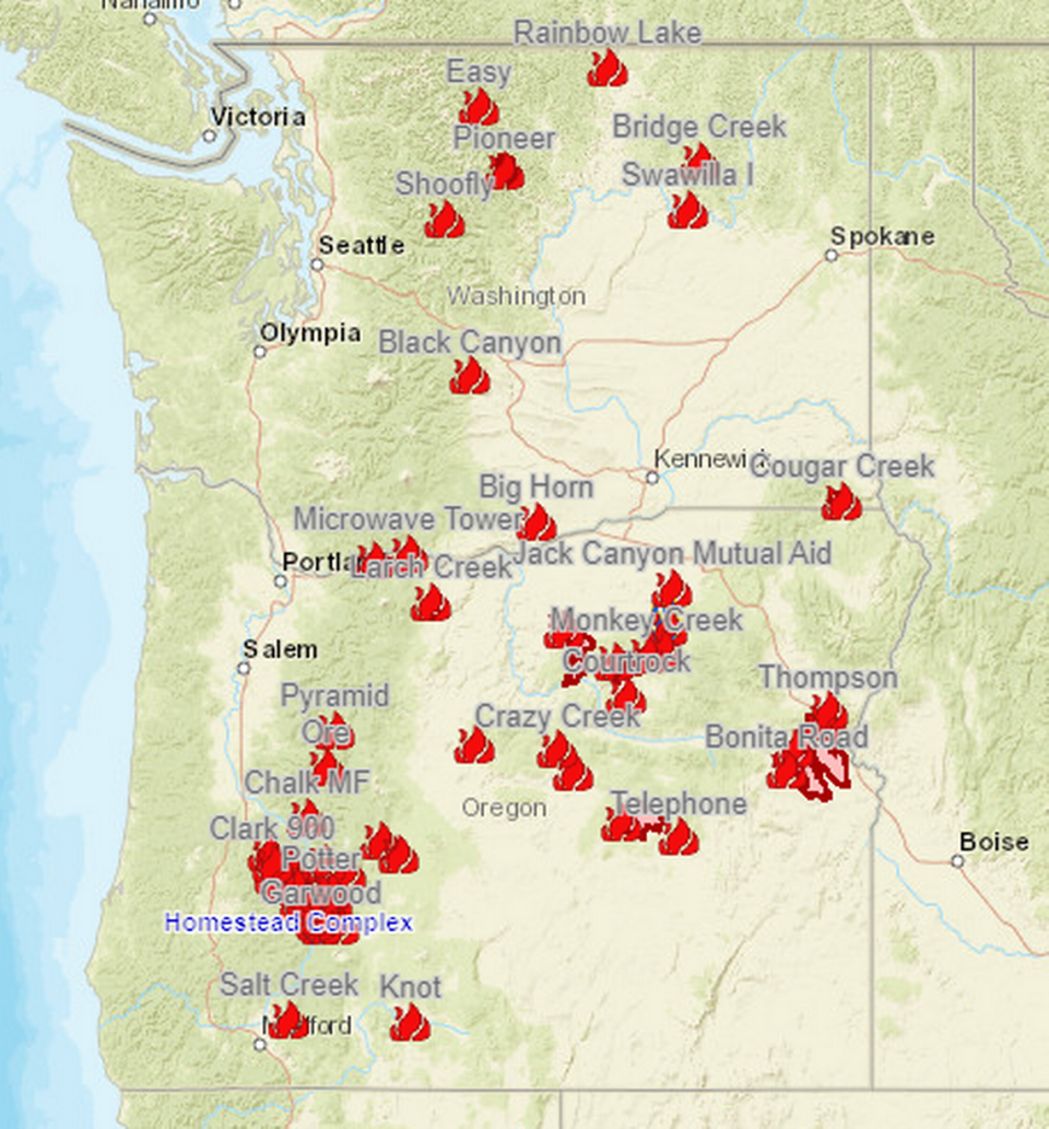 A map from the Northwest Interagency Coordination Center shows the major wildfires burning in Washington and Oregon as of Tuesday morning.