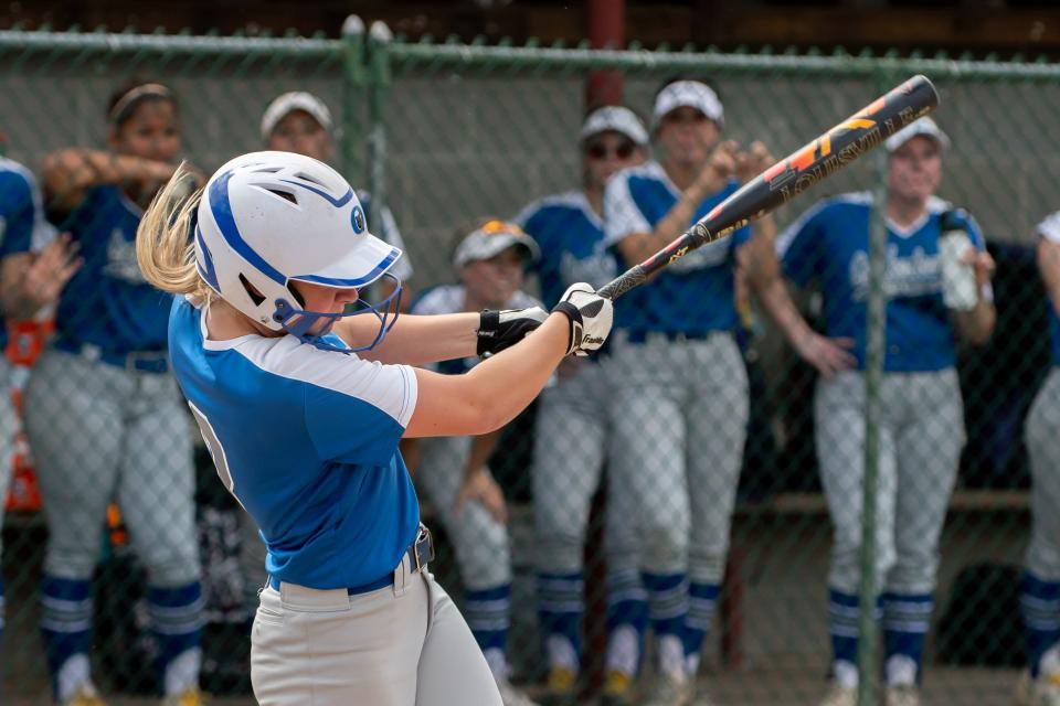 Quakertown's Sydney Andrews swings in a PIAA 6A quarterfinal softball game against Seneca Valley at Messiah University in Mechanicsburg on Thursday, June 9, 2022. The Raiders shutout the Panthers 1-0 to advance to Monday's semifinal against Pennsbury.
