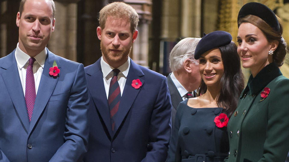 Prince William, Duke of Cambridge and Catherine, Duchess of Cambridge, Prince Harry, Duke of Sussex and Meghan, Duchess of Sussex attend a service marking the centenary of WW1 armistice at Westminster Abbey on November 11, 2018 in London, England. The armistice ending the First World War between the Allies and Germany was signed at CompiÃ¨gne, France on eleventh hour of the eleventh day of the eleventh month - 11am on the 11th November 1918. This day is commemorated as Remembrance Day with special attention being paid for this yearÂs centenary.  (Photo by Paul Grover- WPA Pool/Getty Images)