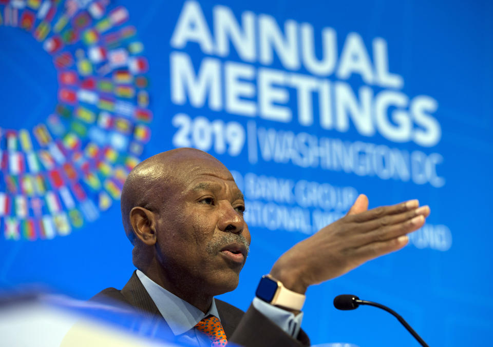 International Monetary and Financial Committee Chair and South Africa's Reserve Bank Governor Lesetja Kganyago speaks during a news conference after the International Monetary and Financial Committee (IMFC) meeting, at the World Bank/IMF Annual Meetings in Washington, Saturday, Oct. 19, 2019. (AP Photo/Jose Luis Magana)