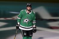 FILE - Dallas Stars right wing Alexander Radulov (47) skates onto the ice during team introductions before an NHL hockey game against the Nashville Predators in Dallas, in this Friday, Jan. 22, 2021, file photo. High-scoring Dallas Stars forward Alexander Radulov will not return this season because he needs surgery to repair a core muscle injury. Stars general manager Jim Nill said Wednesday, April 14, 2021, that Radulov is expected to be fully recovered for the 2021-22 season. (AP Photo/Tony Gutierrez, File)