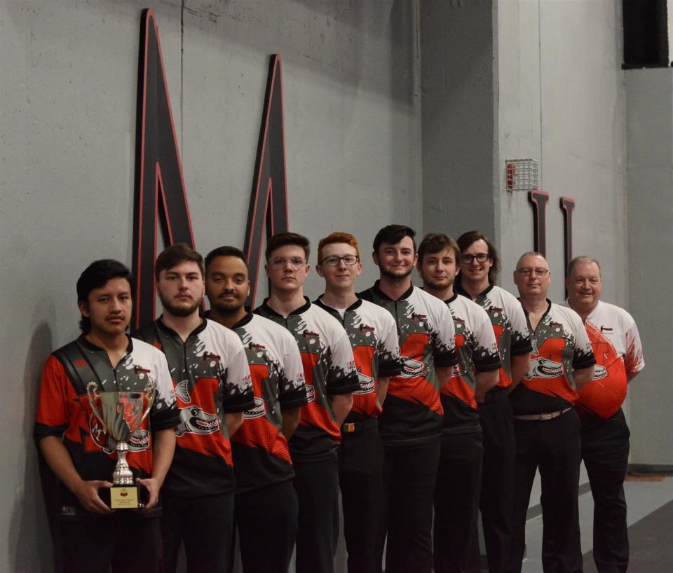 The Muskingum men's bowling team won the Collegiate Club National Championship. Pictured from front to back are, Alberto Dunlap, Brody Wildenmann, Ethan McDonald, John Jacobs, Ken Haslip, Evan Thro, Andrew Amore, Logan Karl, Coach David Jones and Coach Doug Smith.