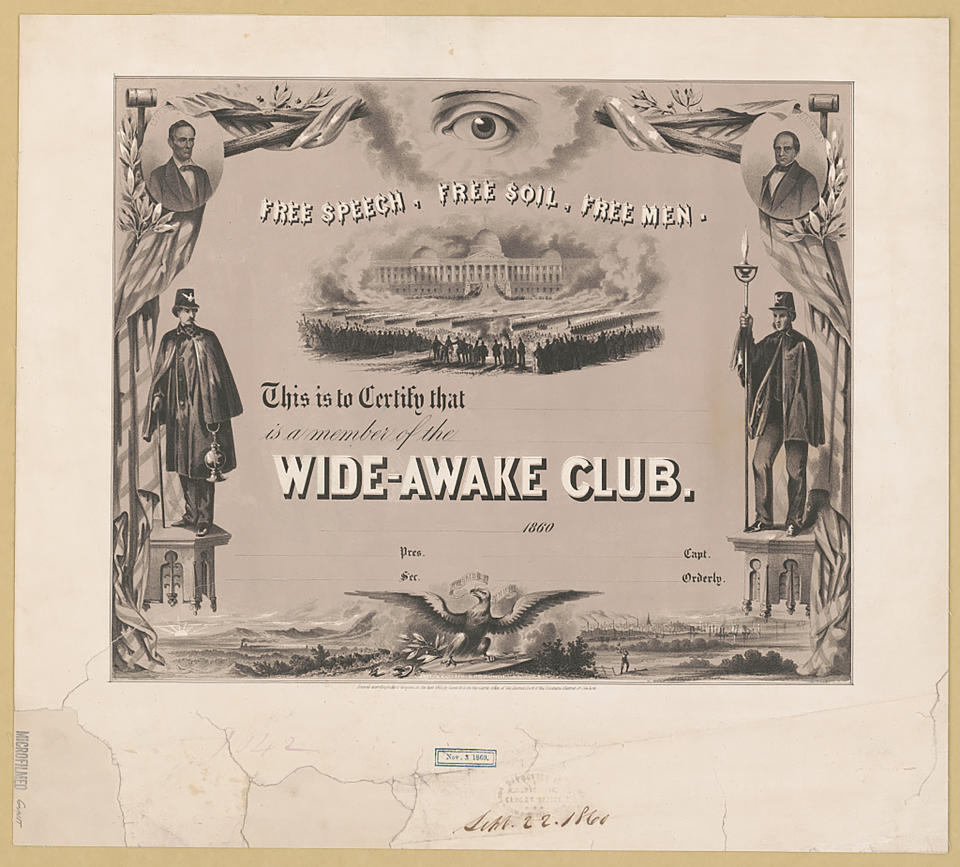 A membership certificate from the Wide Awakes of 1860 archives in Hartford, Connecticut.  (Courtesy of Mikayla Scout Curtin, the Wide Awakes)