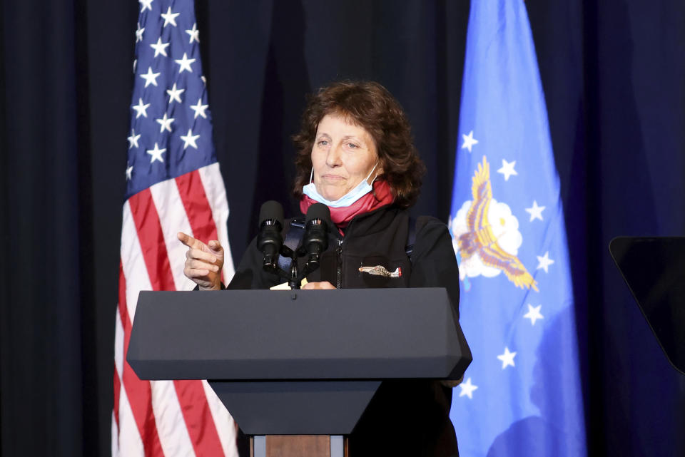 Victoria Yeager, the wife of the late Air Force Brig. Gen. Chuck Yeager speaks during a memorial service for him in Charleston, W.Va., on Friday, Jan. 15, 2021. Yeager died last month at age 97. The West Virginia native in 1947 became the first person to fly faster than sound. (AP Photo/Chris Jackson)