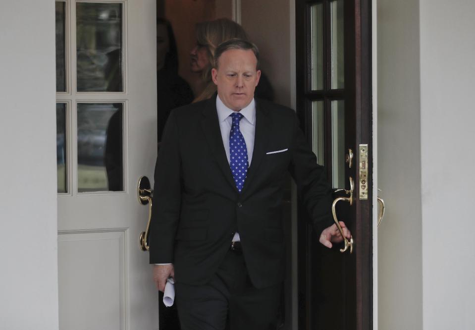 White House Press secretary Sean Spicer walks out of the West Wing of the White House in Washington to speak with members of the media, Monday, March 6, 2017. (AP Photo/Pablo Martinez Monsivais)