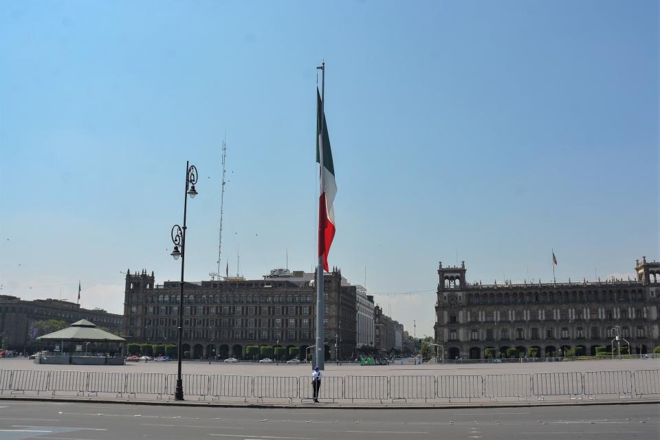 Zócalo Capitalino in Mexico City’s historic center is almost empty during the afternoon of April 6.