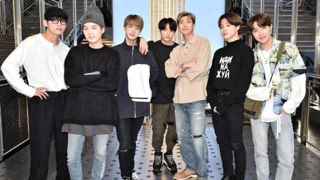 NEW YORK, NY - MAY 21: (EXCLUSIVE COVERAGE)   V, Suga, Jin, Jungkook, RM, Jimin, and J-Hope of the K-Pop Group BTS visit The Empire State Building on May 21, 2019 in New York City.  (Photo by Steven Ferdman/Getty Images for ESB)
