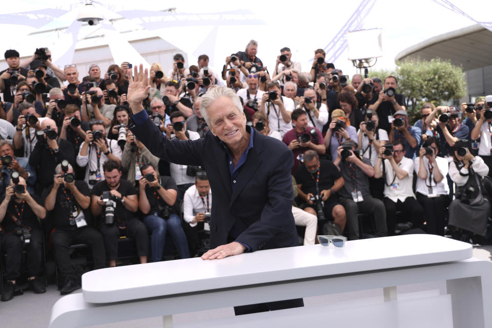 Michael Douglas poses for photographers at the photo call honoring him with a Palme d'Or at the 76th international film festival, Cannes, southern France, Tuesday, May 16, 2023. (Photo by Vianney Le Caer/Invision/AP)