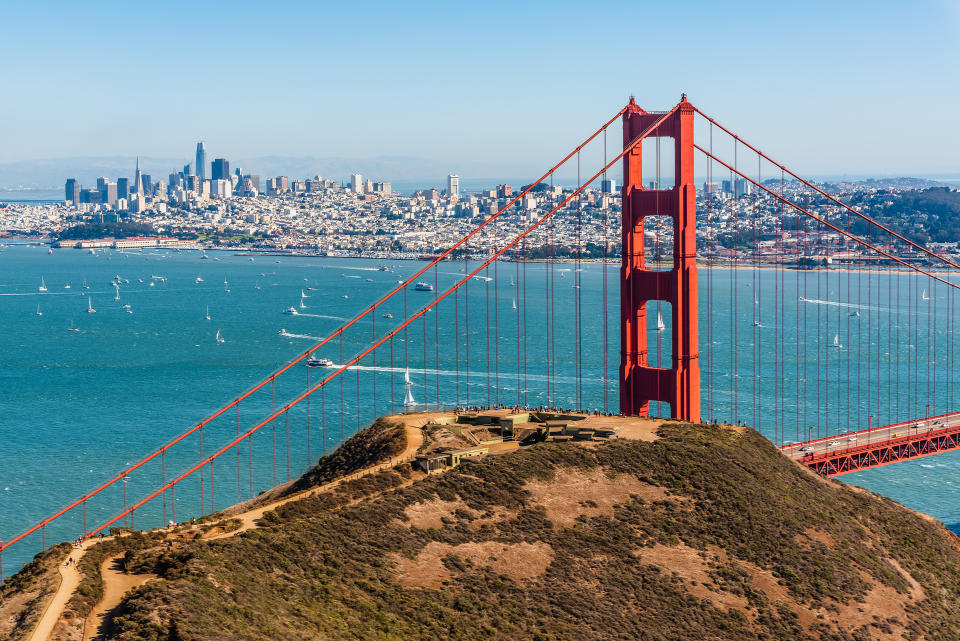 A sweeping view of the Golden Gate Bridge, Marin Headlands, San Francisco Bay, and the city skyline. (Photo: Gettyimages)