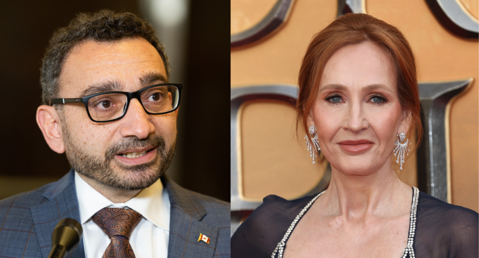 J.K. Rowling (right) confronted Omar Alghabra about a video he posted to Twitter, which some are calling a 