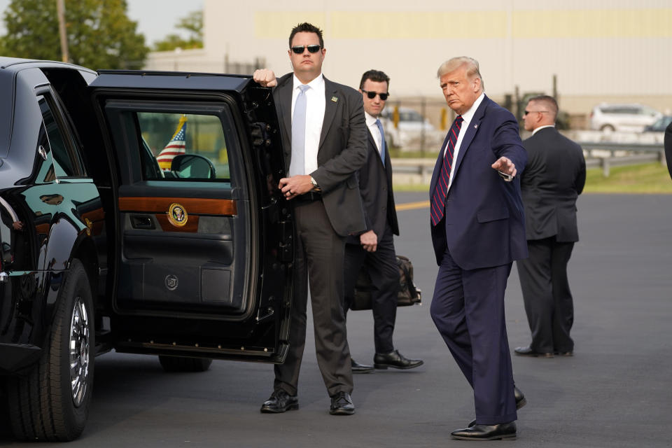 President Donald Trump arrives at Philadelphia International Airport to attend an ABC News town hall at National Constitution Center, Tuesday, Sept. 15, 2020, in Philadelphia. (AP Photo/Evan Vucci)