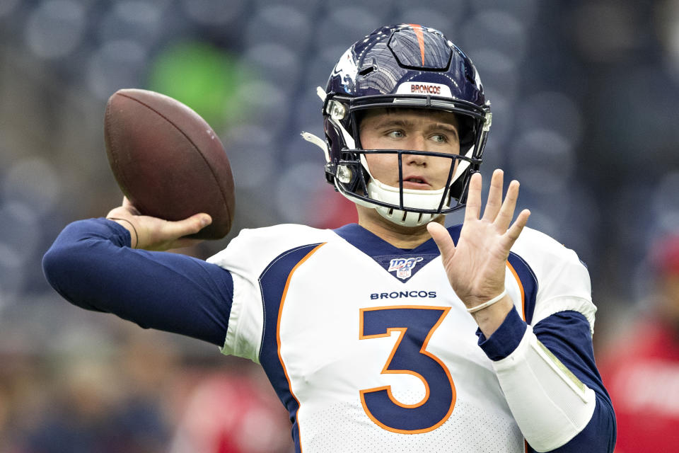 HOUSTON, TX - DECEMBER 8:  Drew Lock #3 of the Denver Broncos warms up before a game against the Houston Texans at NRG Stadium on December 8, 2019 in Houston, Texas.  The Broncos defeated the Texans 38-24.  (Photo by Wesley Hitt/Getty Images)