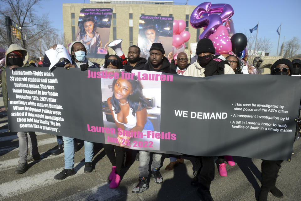 Family and friends of Lauren Smith-Fields gathered for a protest march in her memory in Bridgeport, Conn. on Jan. 23, 2022. - Credit: Ned Gerard/Hearst Connecticut Media via AP