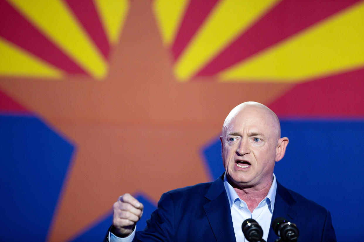 Image: Then-Democratic Senate candidate Mark Kelly in Tuscon, Ariz., in 2020. (Courtney Pedroza / Getty Images file)