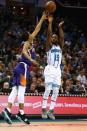 Jan 19, 2019; Charlotte, NC, USA; Charlotte Hornets guard Kemba Walker (15) shoots a three point basket against the Phoenix Suns at Spectrum Center. Mandatory Credit: Jeremy Brevard-USA TODAY Sports