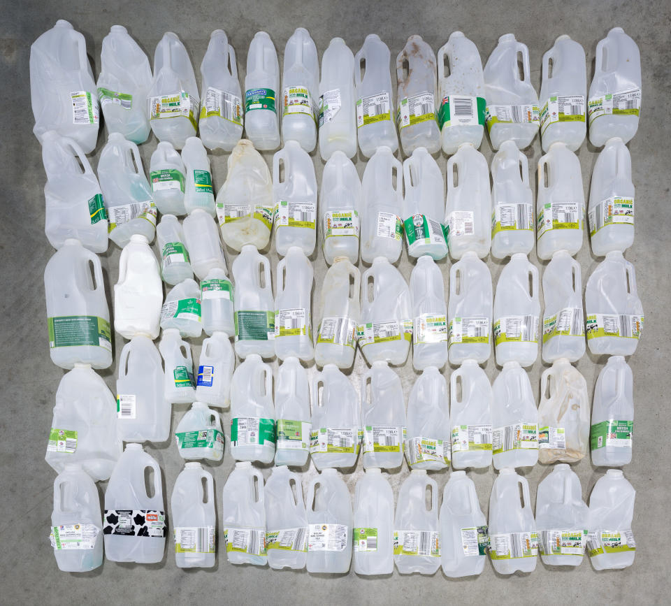 Milk cartons collected by Mr Webb during his campaign. (PA)