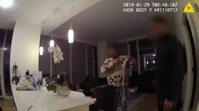 An image taken from a body camera video released by the Chicago Police Department shows Jussie Smollett with ropes dangling from a noose around his neck inside his apartment after the alleged hate crime against him on Jan. 29, 2019, in Chicago, Ill. In the body cam footage, a CPD officer asks Smollett, “Do you want to take it off or anything?” Smollett replies, “Yeah I do. I just wanted you all to see." Charges were dropped against "Empire" star Jussie Smollett less than two weeks after he pleaded not guilty to 16 counts of disorderly conduct. Prosecutors alleged Smollett staged the assault on himself, falsely claiming he was attacked by two men who coiled a noose around his neck and yelled homophobic and racist slurs against him. Smollett's record "has been wiped clean." On June 21, 2019, Cook County Judge Michael Toomin announced that a special prosecutor will review Smollett's case again.